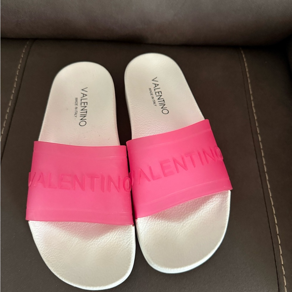 Valentino Hot Pink Logo Slide Sandals